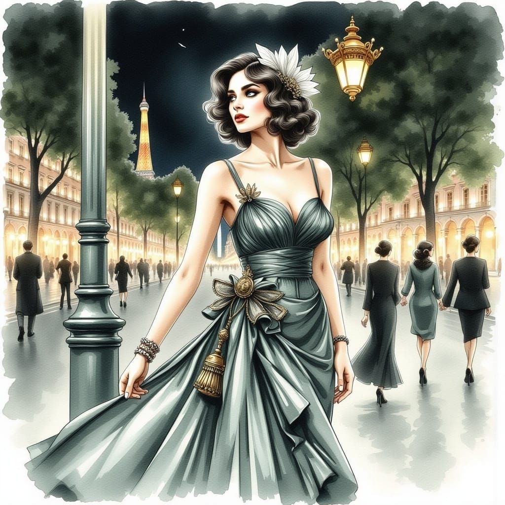 Parisian Woman in 1920s Art Deco Watercolor