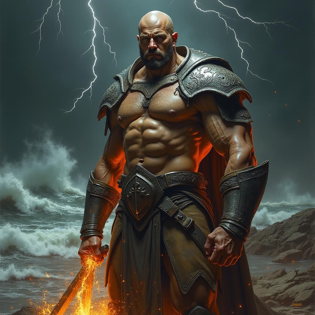 Brooding Warrior in Stormy Landscape, Vivid Colors