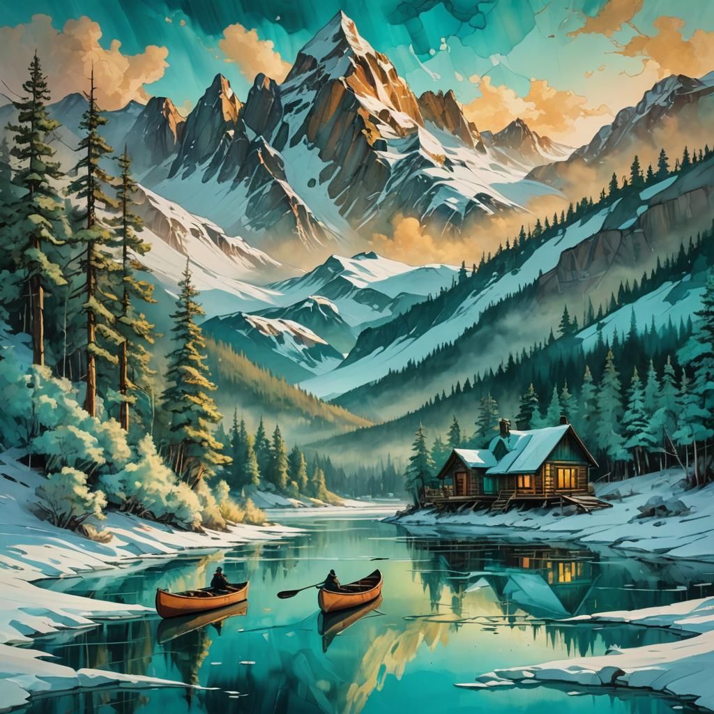 Cinematic Winter Wonderland with Turquoise Cabin and Canoe