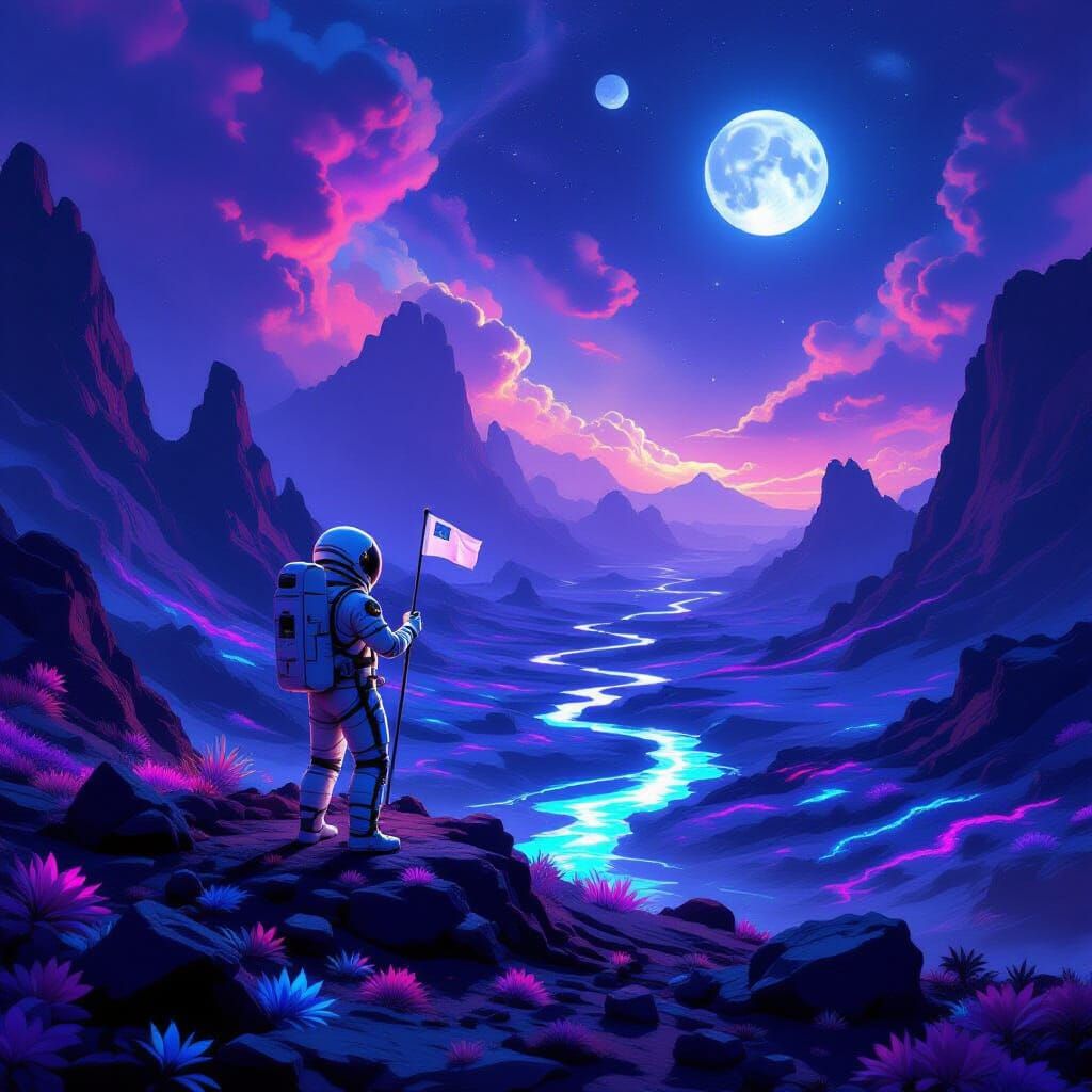 Astronaut Plants Flag on Alien World with Bioluminescent Flo...