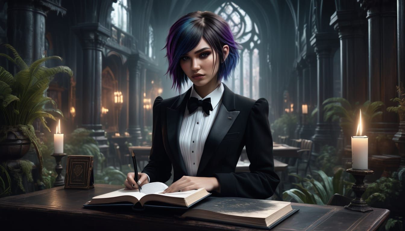 Emo Girl in Tuxedo with Book: Detailed Fantasy Art