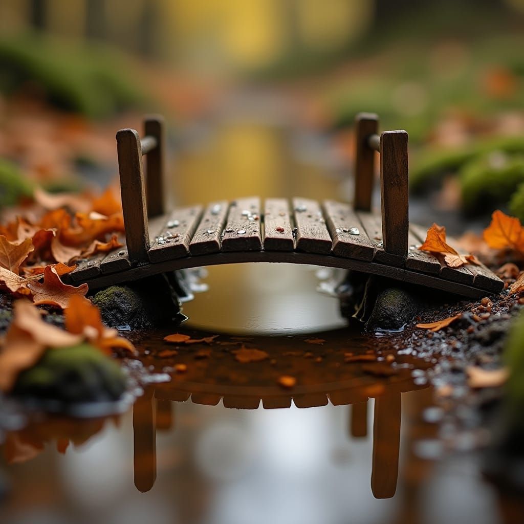 Miniature Bridge Over Puddle in Autumn Light