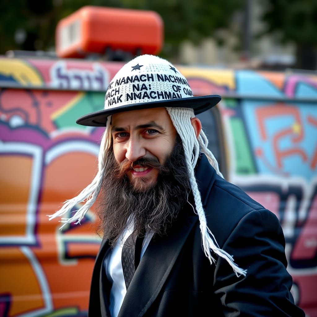 Happy Haredi Jew Dancing on Graffiti Van