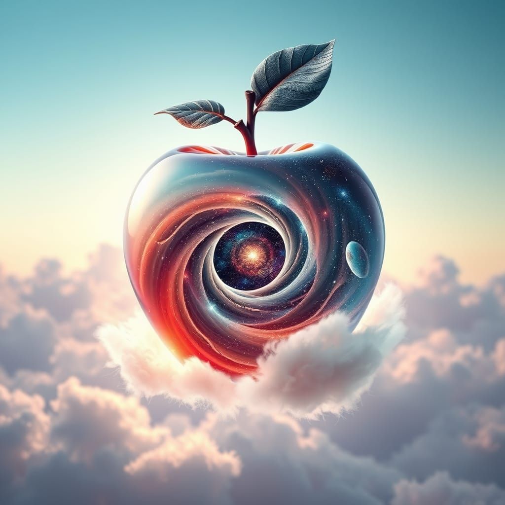 Hyper Realistic Cosmic Apple in Heavenly Background