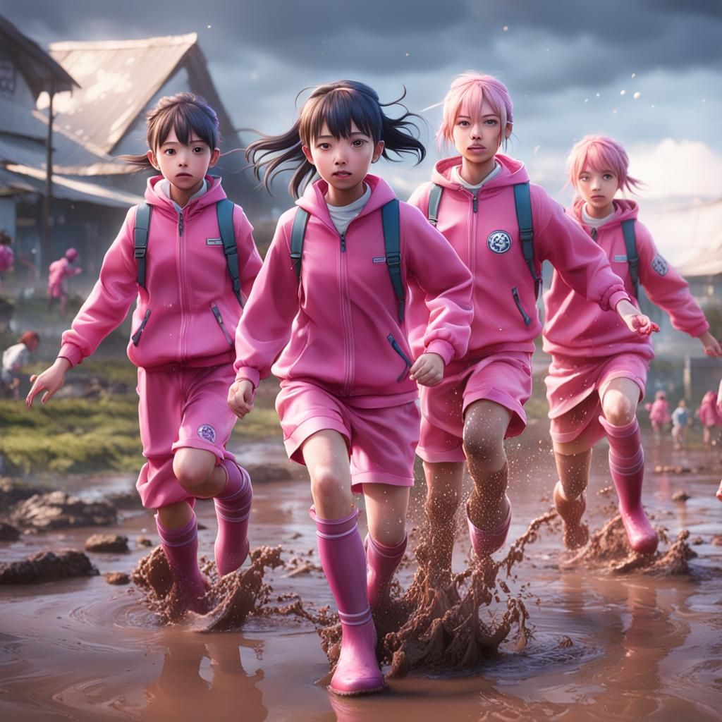 Anime Girls Splashing on Muddy Beach in Pink