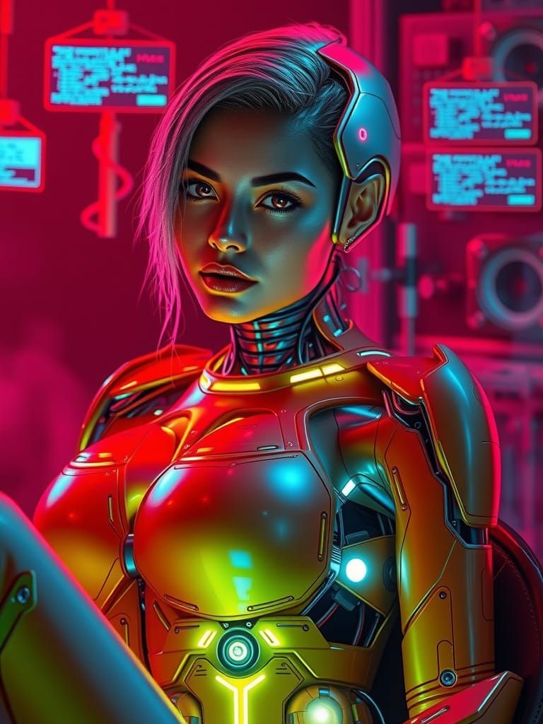 Seductive Liquid-Metal Android in Cyberpunk Setting