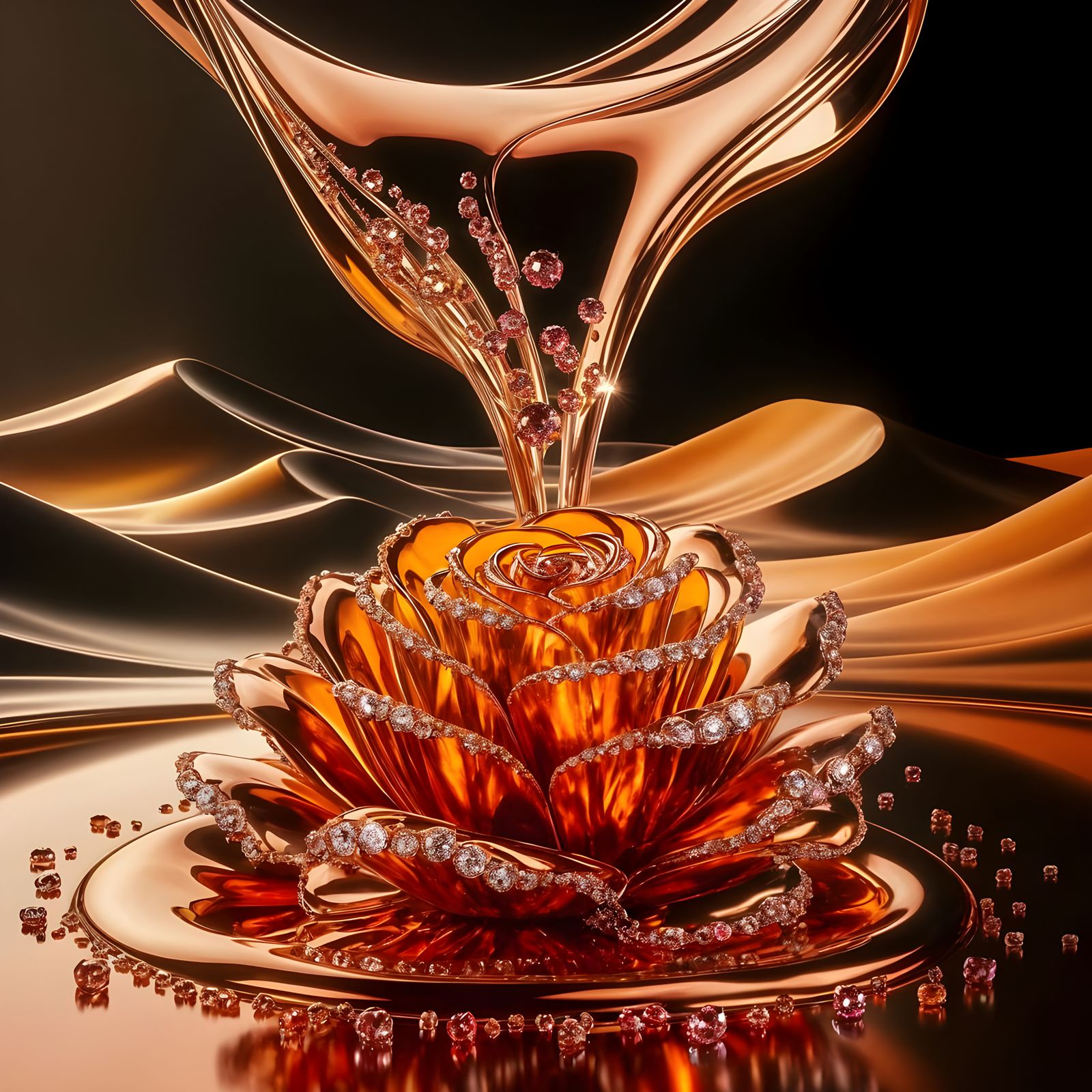Liquid Rose Gold and Gems in Chiaroscuro