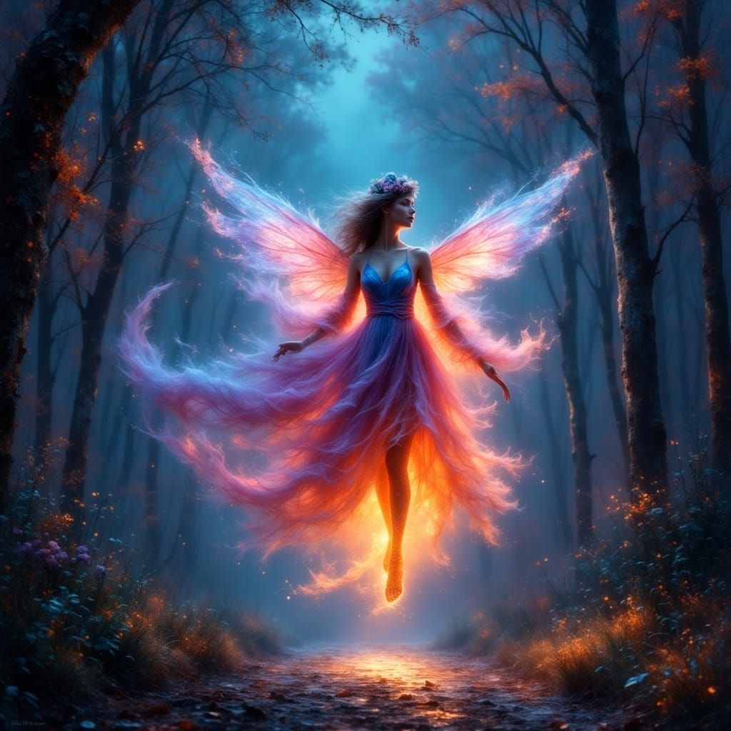 Mystical Smoke Fairy Illuminates Forest Path in 3D Art