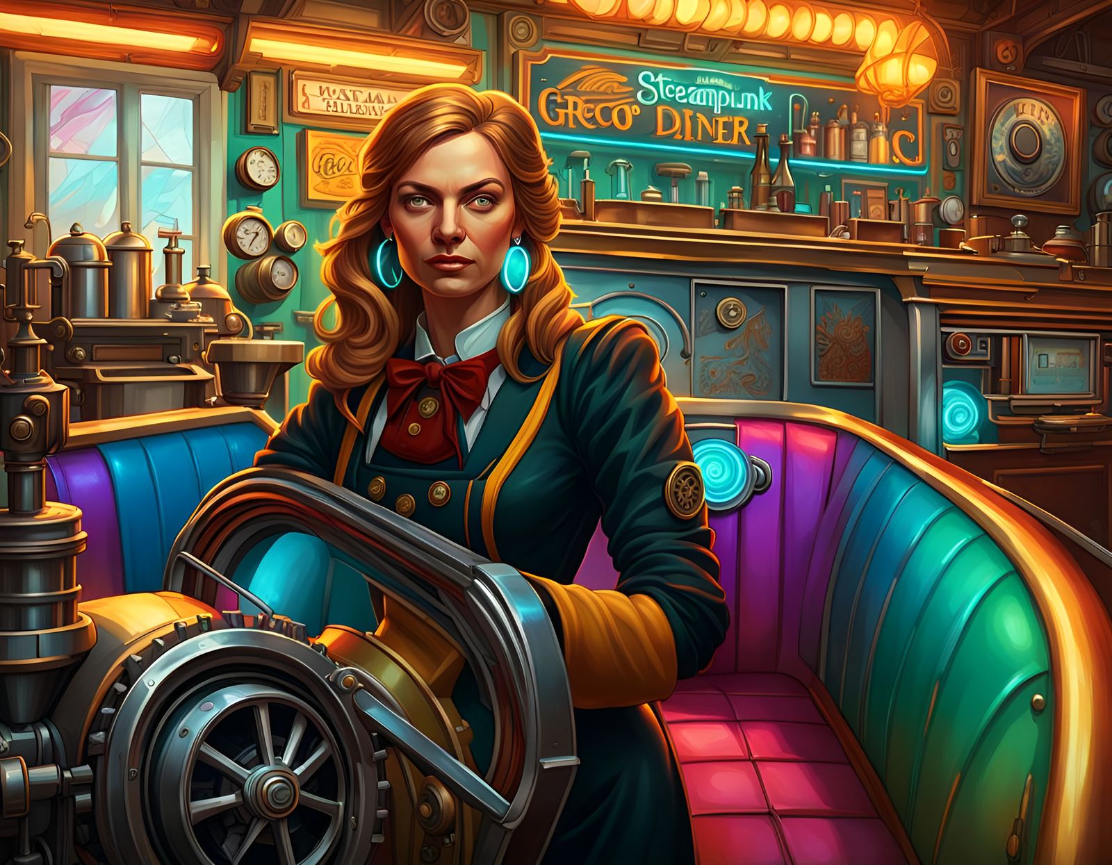 Steampunk Waitress Portrait in Retro Style