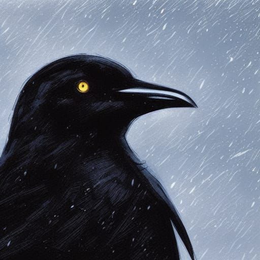 Sinister Black Bird Soaring in Snowy Sky