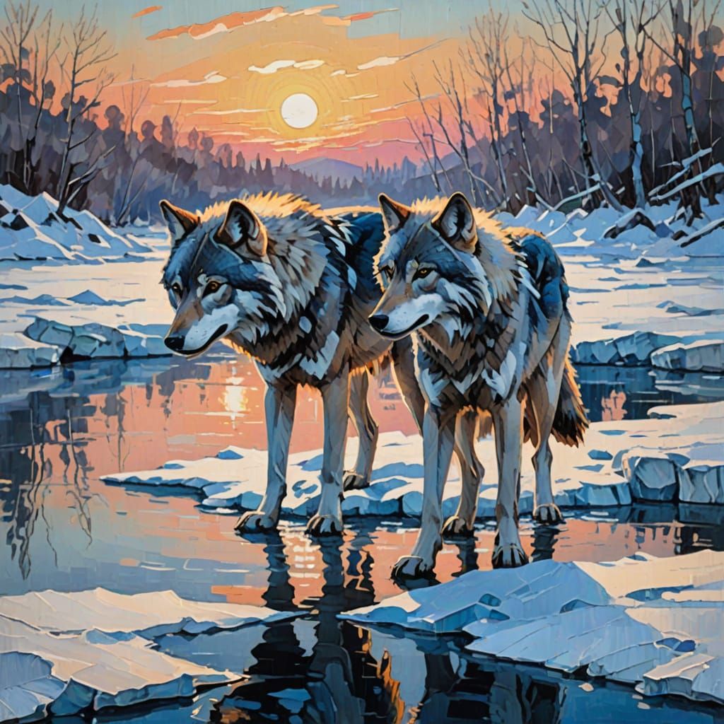 Wolves Drinking at Sunset: An Impressionistic Winter Scene