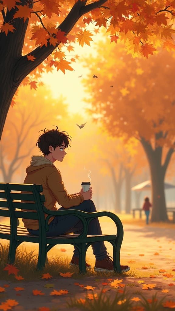 Serene Young Man Watches Sunset in Autumn Park