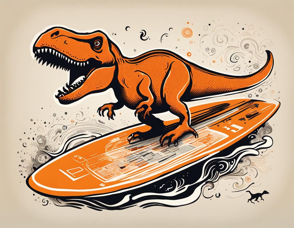 T-Rex Surfing the Internet: Whimsical Cartoon Poster