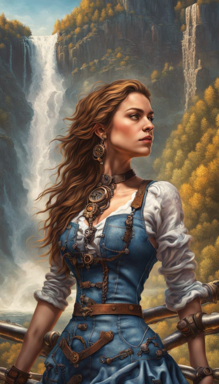 Steampunk Woman Gazing at Heart-Shaped Waterfall