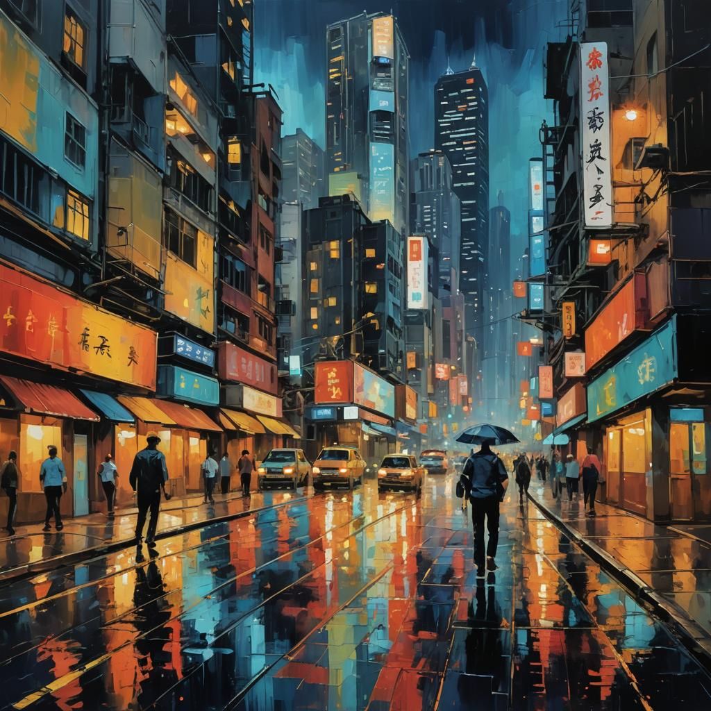Expressionist Hong Kong Cityscape at Night