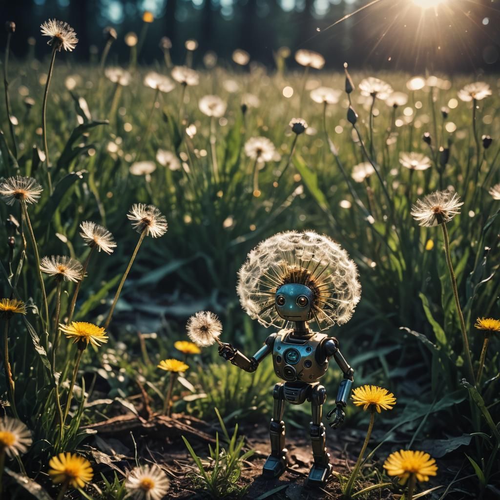 Robot Fairy on Dandelion: Cinematic Film Still