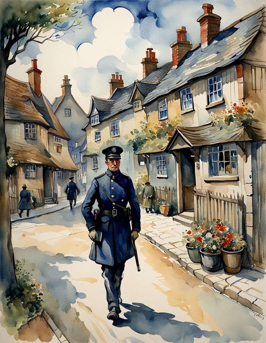 British Policeman in Village Square: Gouache Watercolor