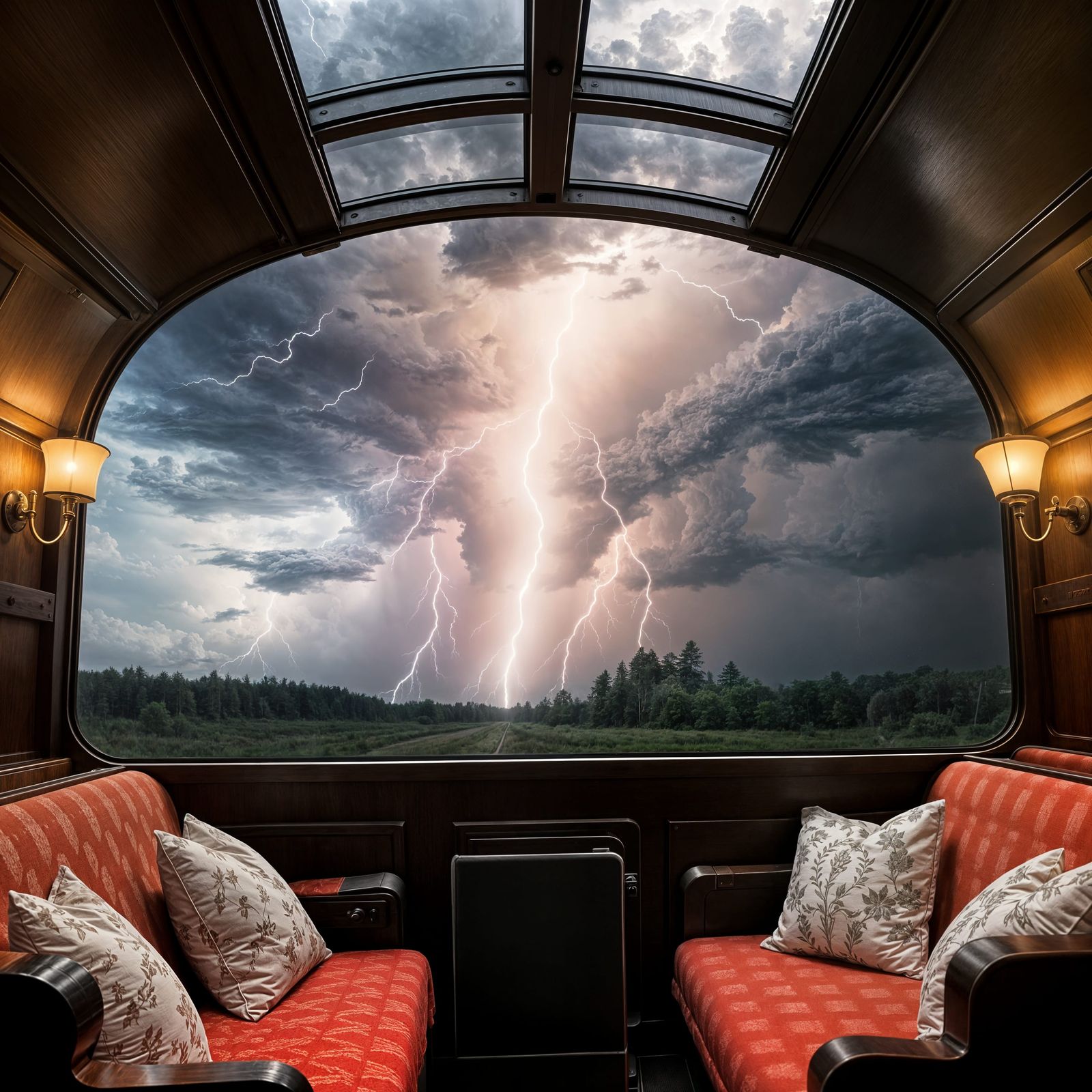 Luxurious Train Car in Turbulent Thunderstorm