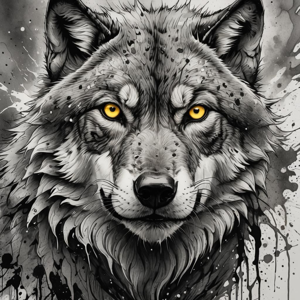 Grayscale Wolf in Pen and Ink with Yellow Eyes