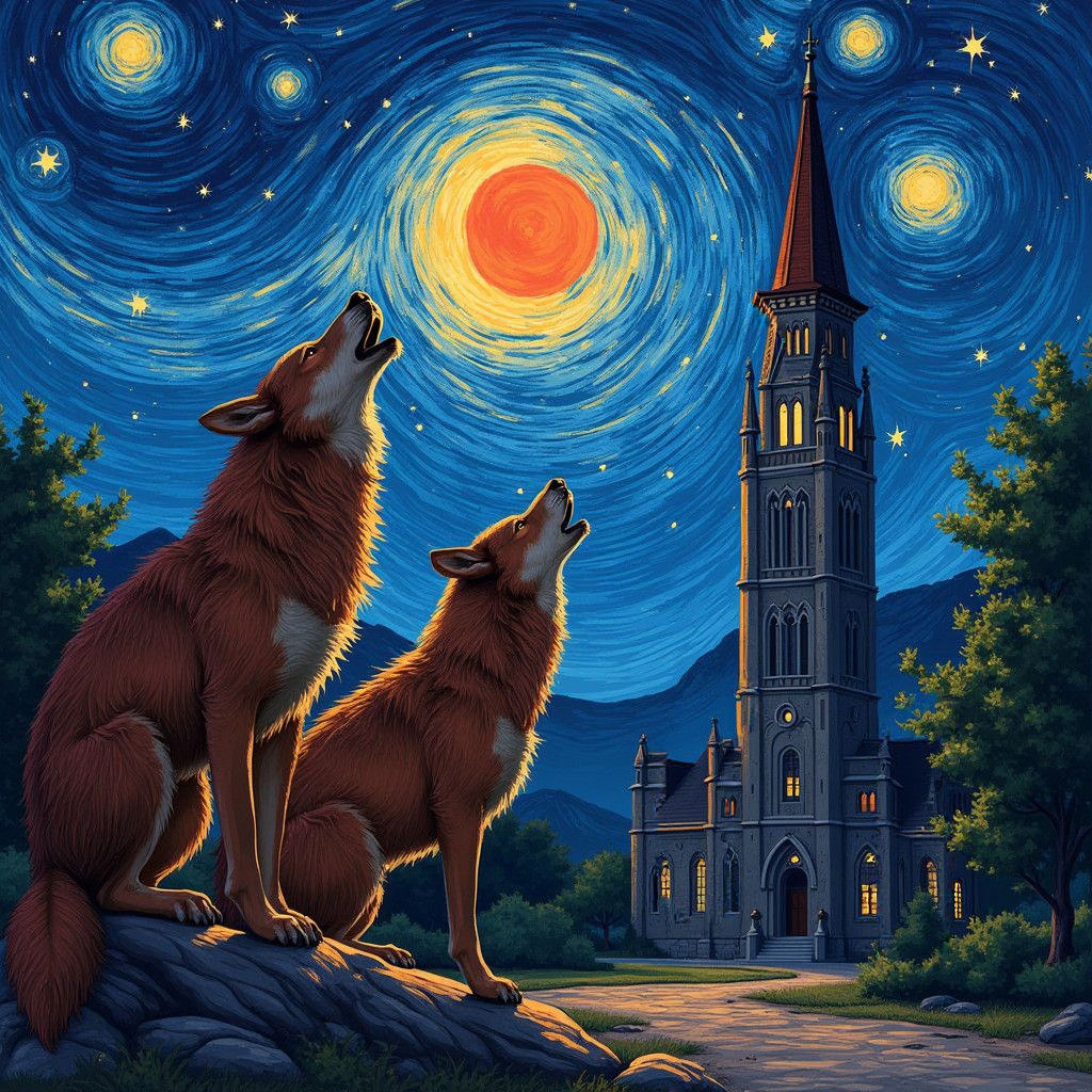 Starry Night Belltower with Wolves, in Van Gogh Style