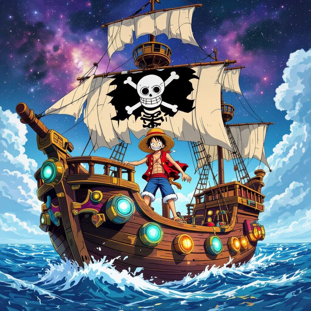 Luffy and Crew Sail Intergalactic Pirate Ship in Anime Style