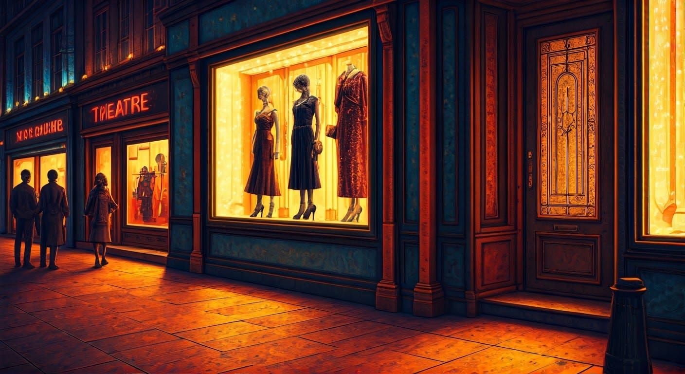 Vibrant Nighttime City Scene with Elegant Mannequins