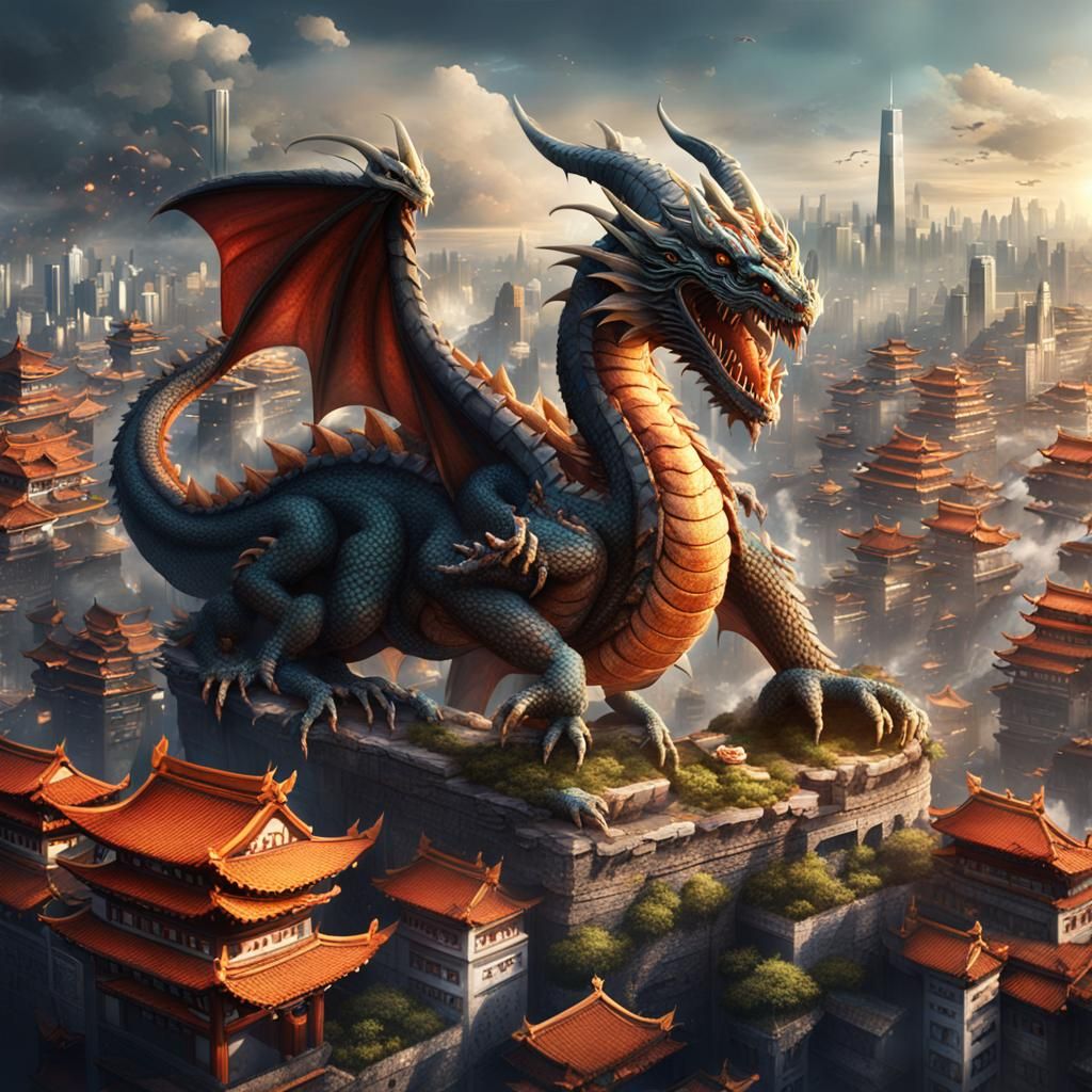 Sushi Dragon Attacks City: Fantasy Concept Art