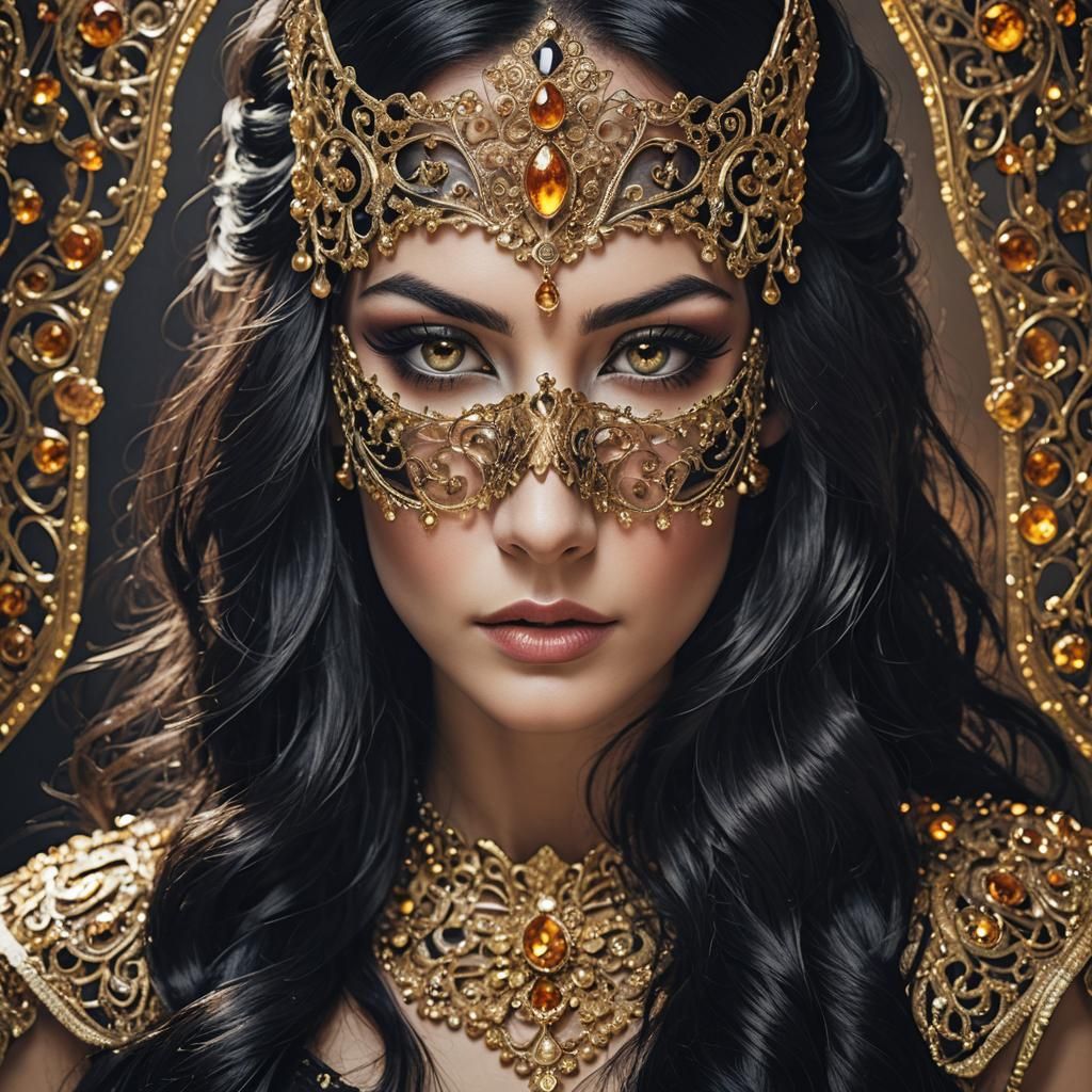 Woman with Amber Eyes and Bejeweled Mask
