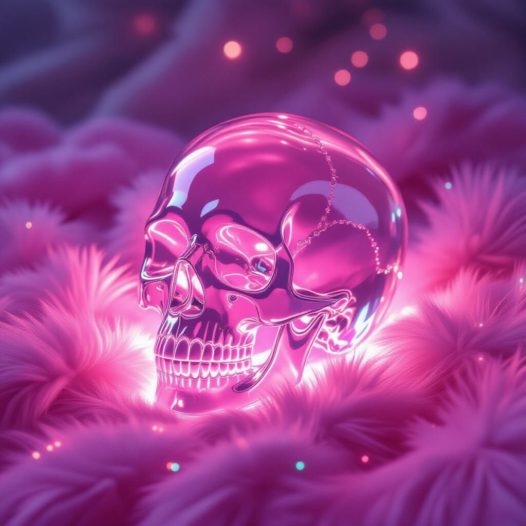 Luminous Pink Blown Glass Skull on Glittered Fur