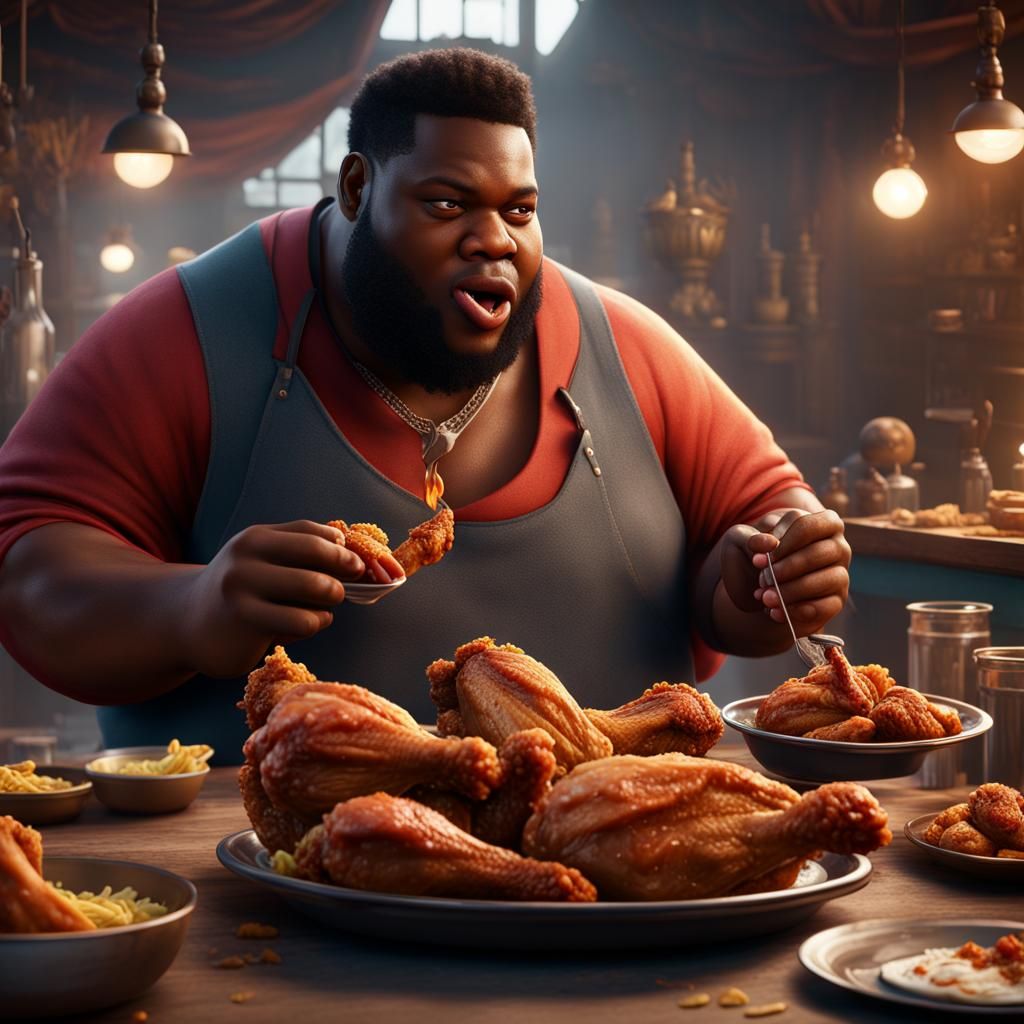 Obese Jamal Eating Fried Chicken: Detailed Matte Painting