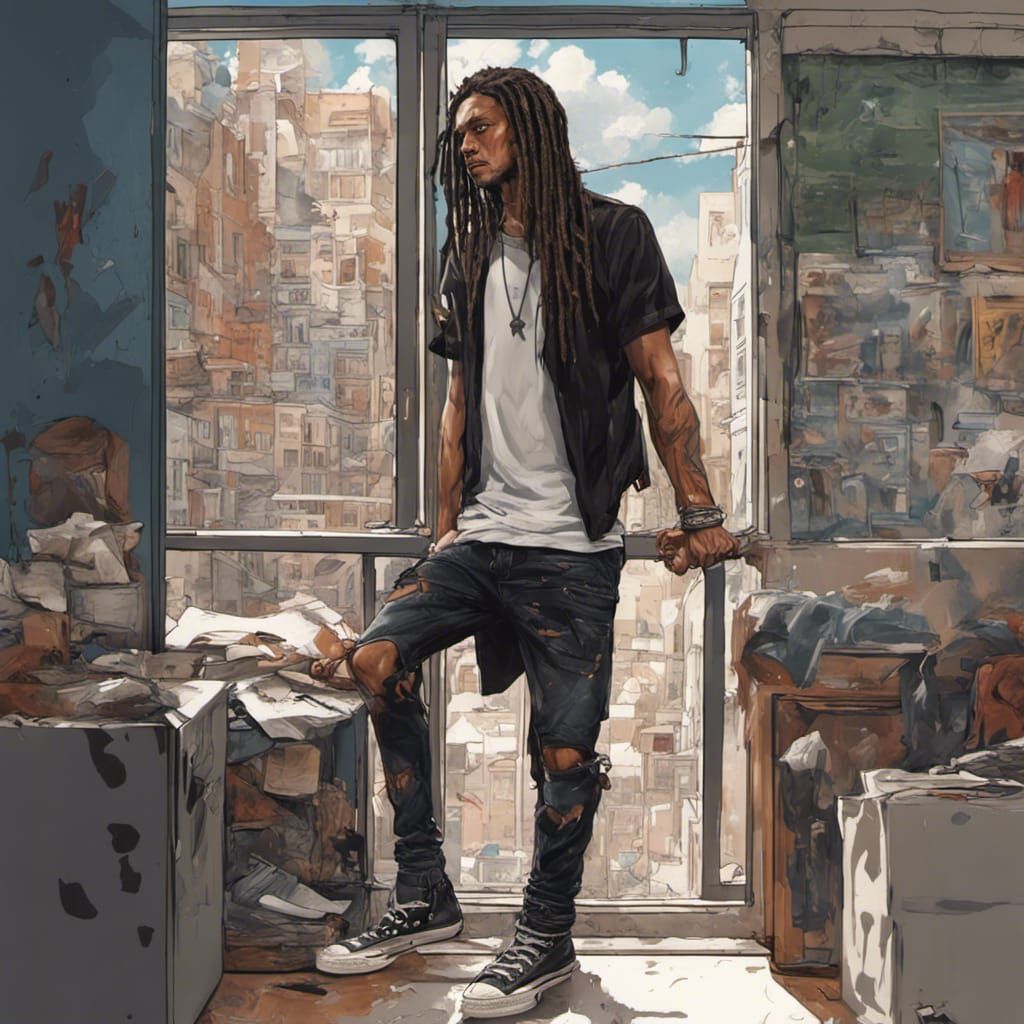 Tanned Dreadlocked Man in Cramped Room, Hyperrealistic
