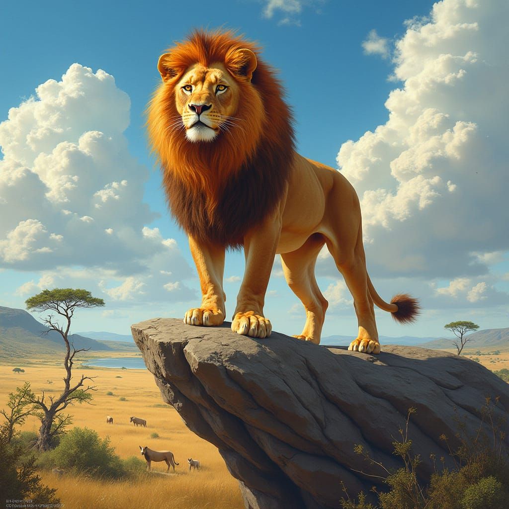 Fiery Lion Overlooking Sunlit Savanna in Hyperrealistic Styl...