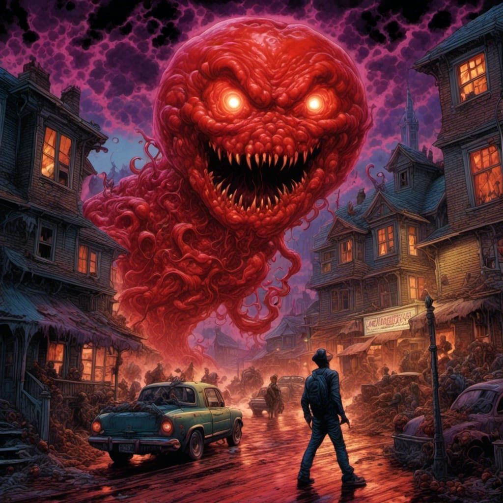 Grotesque Tomato Monster Terrorizes City in Comic Book Art