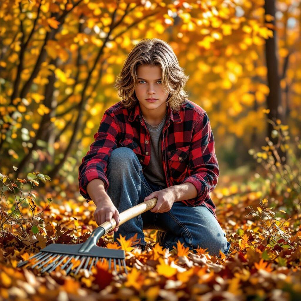 Boy Raking Leaves in Vibrant Autumn Landscape
