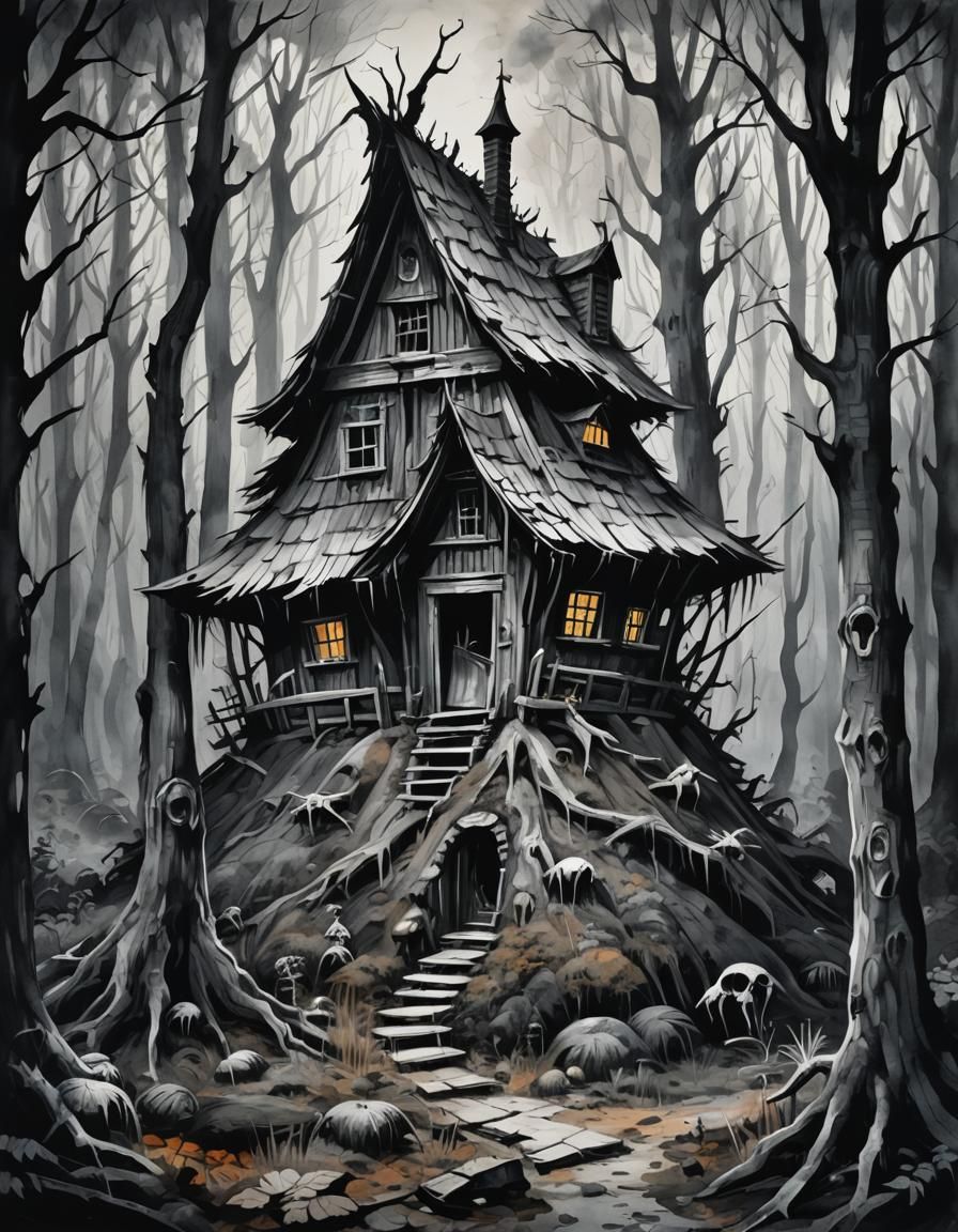 Creepy Witch Hut in Folk-Horror Gouache Style