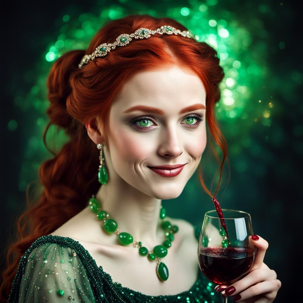 Beautiful Woman with Red Hair and Wine Glass