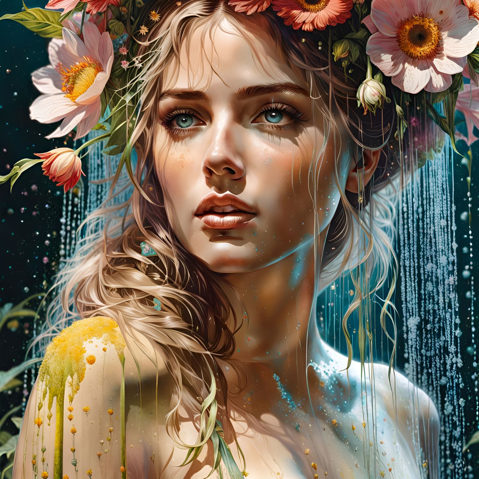 Gorgeous Woman in Flower Shower: Hyperrealistic Portrait