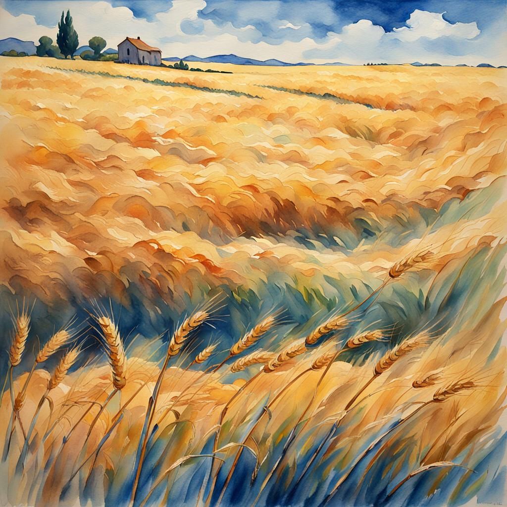 Impressionistic Wheatfield with Reaper in Watercolor