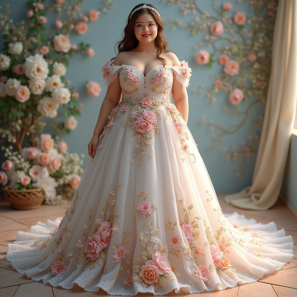 Floral Plus Size Wedding Dress in Detailed Matte Painting