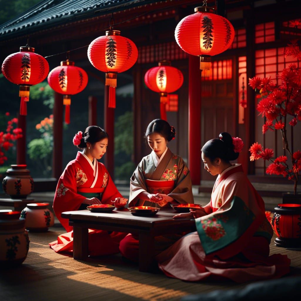 Japanese Tea Ceremony with Red Lanterns in 8k