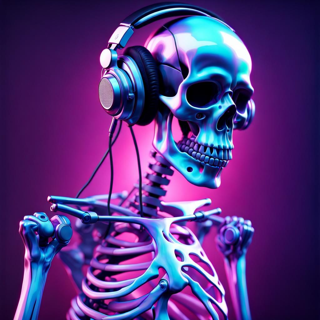 Holographic Skeleton Dancing with Headphones in Electric Col...