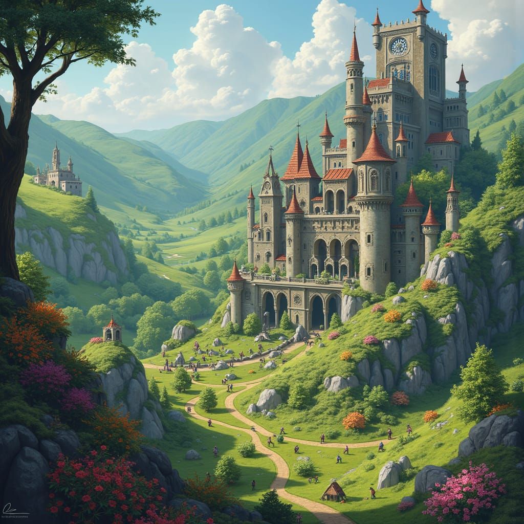 Utopian Kingdom with Dragons, Giants, Elves, and Demons in H...