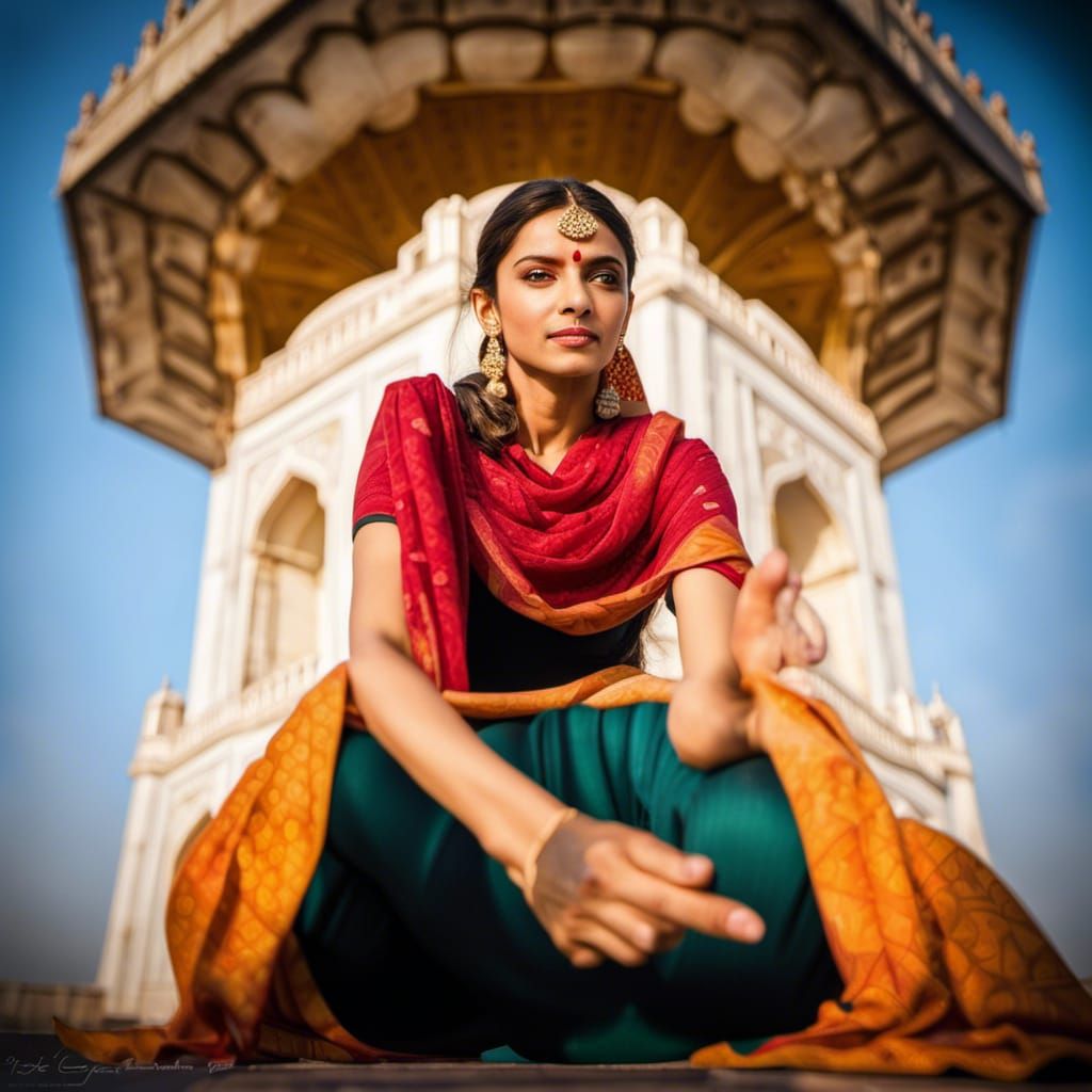 Taj Mahal with Woman in Sari Doing Yoga