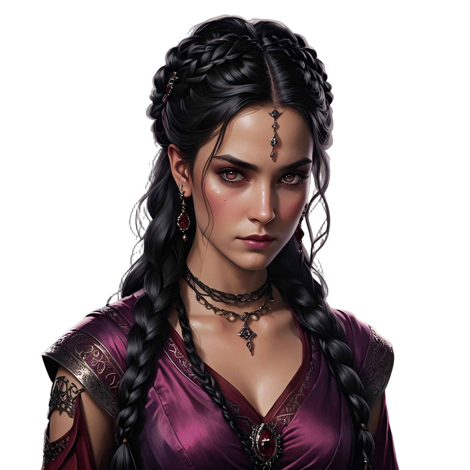 Noble with Piercing Eyes in Crimson Dress