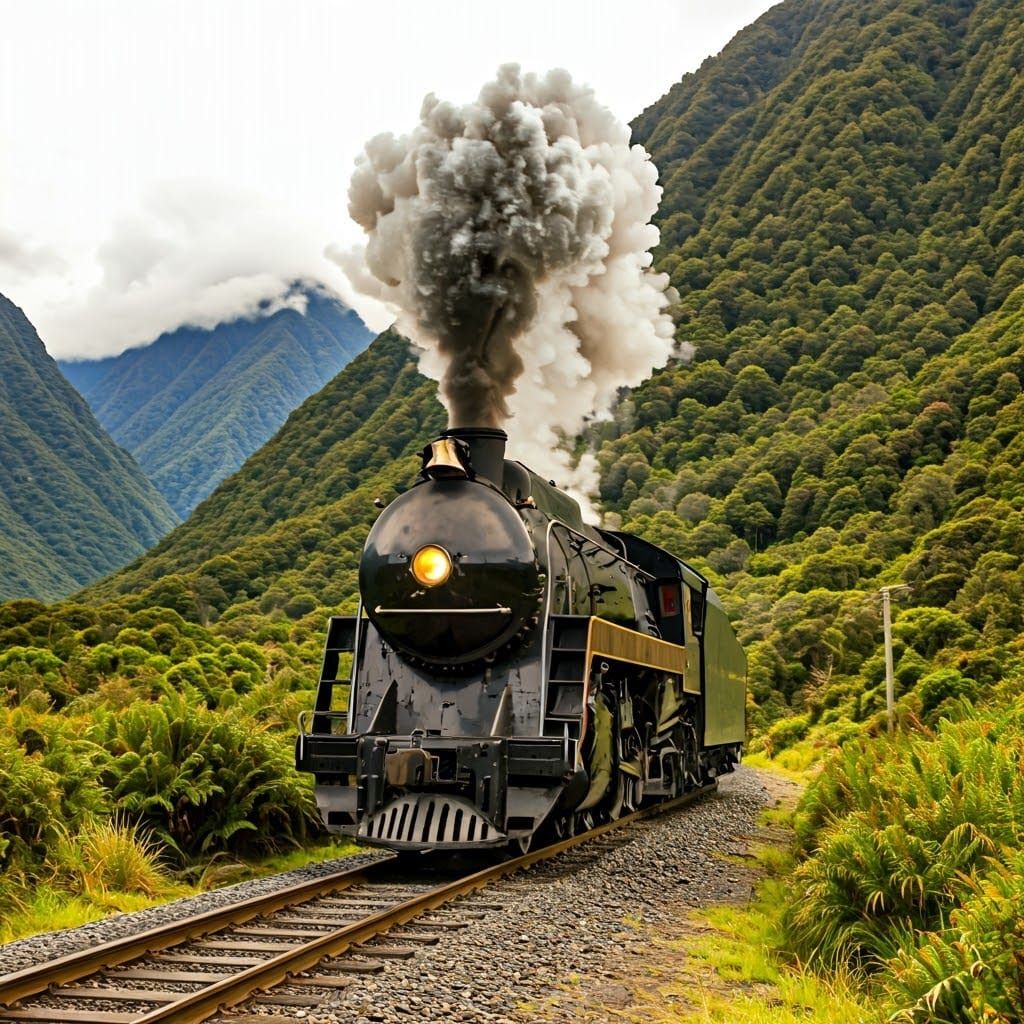 Vintage New Zealand Steam Locomotive in a Lush Valley