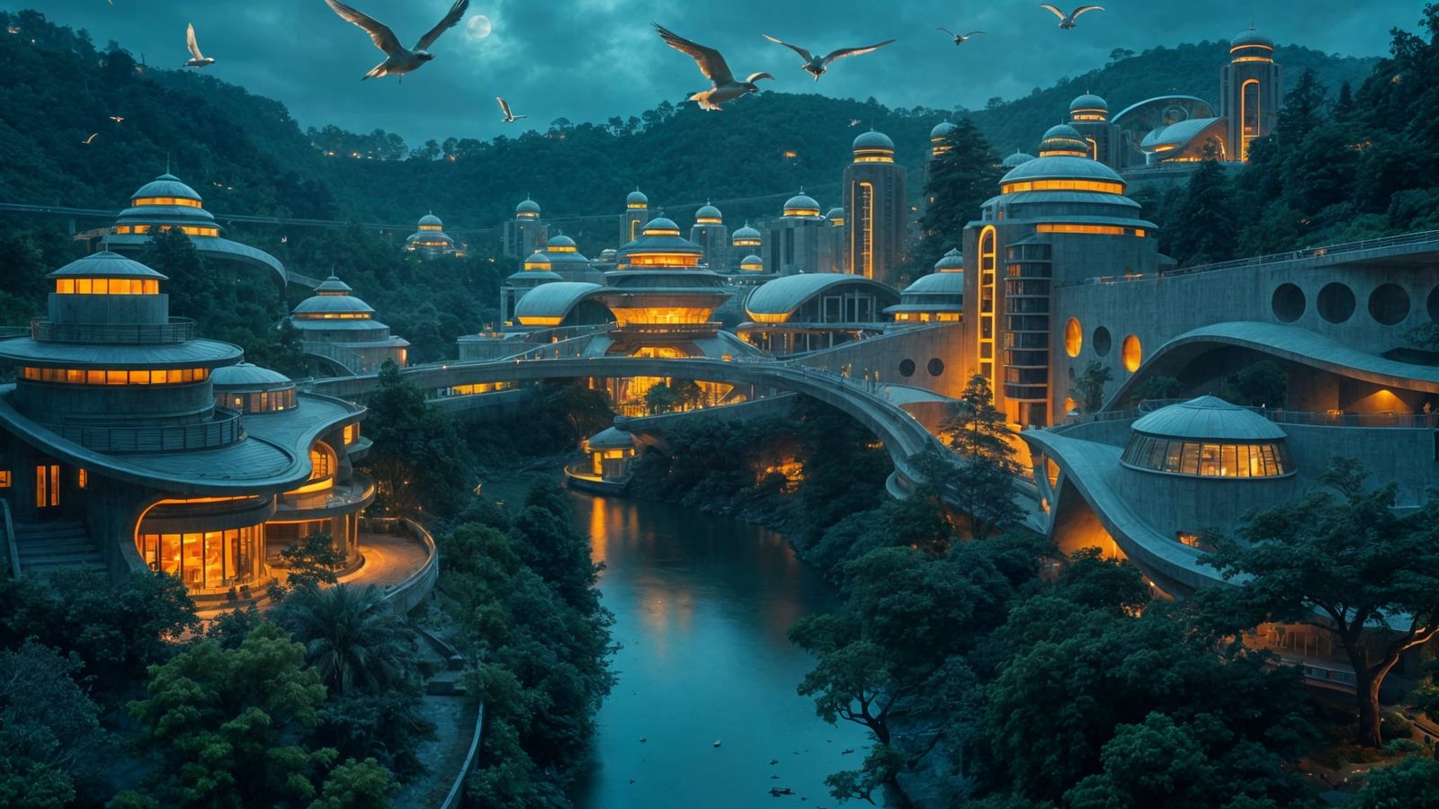 Seamless Futuristic Oasis Along a Serene River in a Cyberpun...
