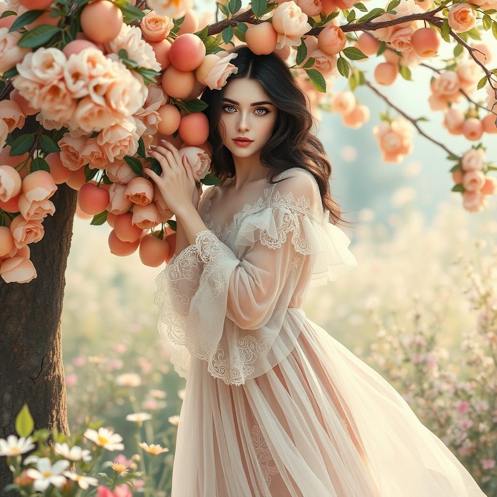 Enchanting Russian Beauty Embraces Blooming Apple Tree in Wh...