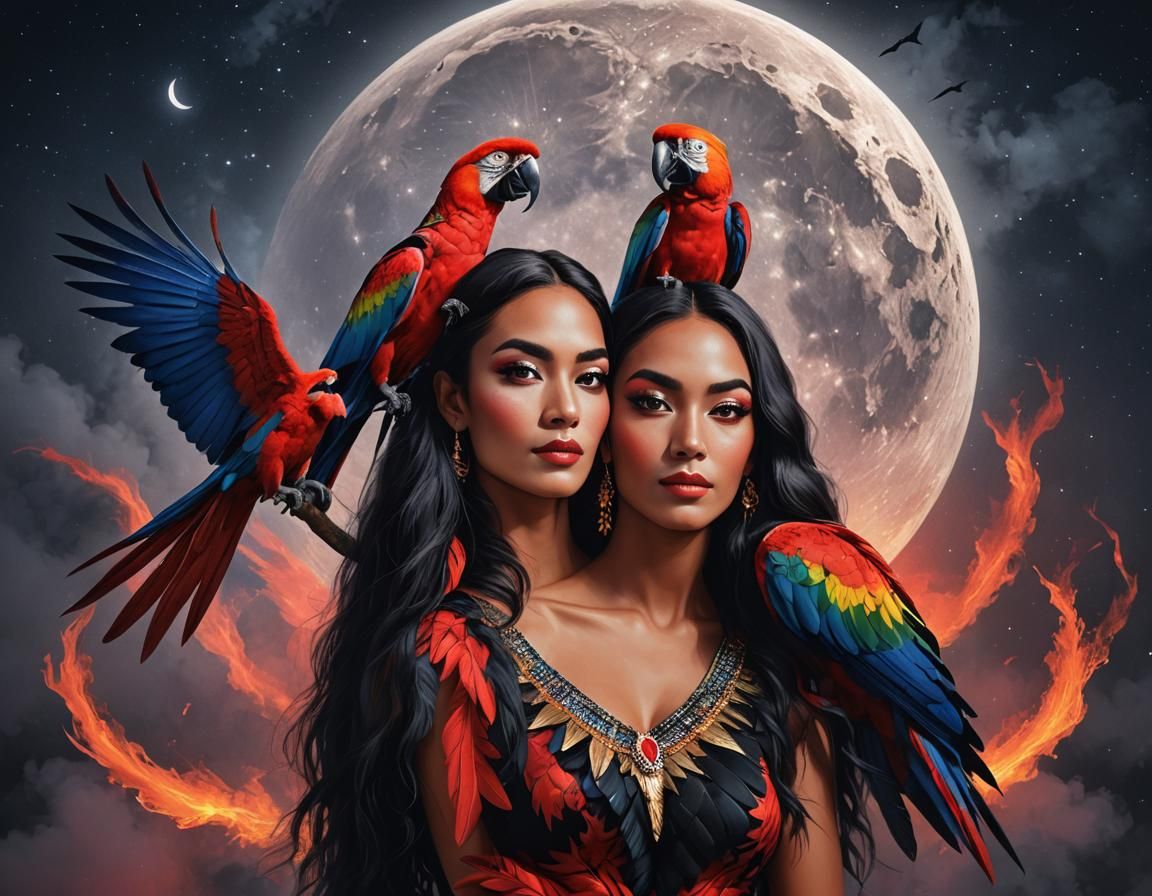 Brazilian Amazon Native with Macaw in Holographic Flames