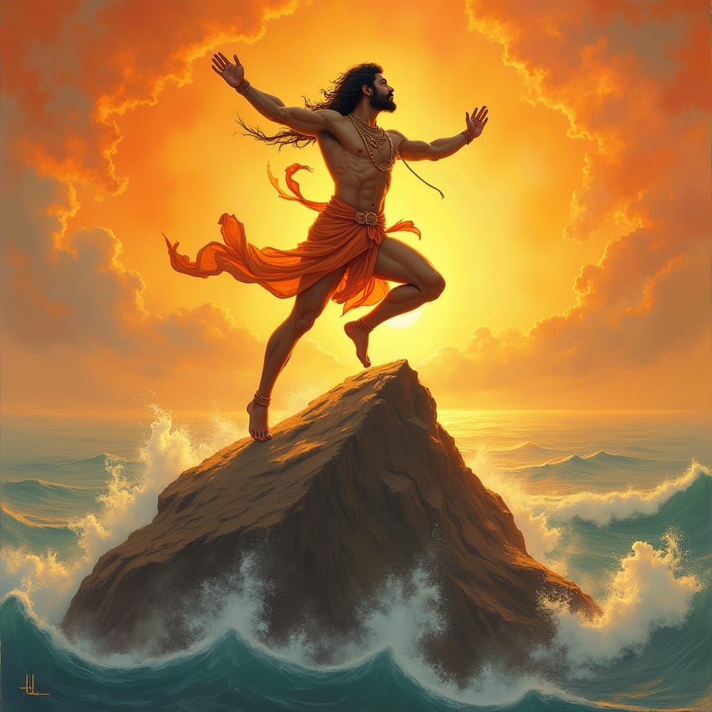 Hanuman Lifting Mountain at Sunrise in Indian Art Style