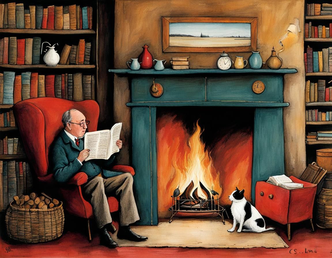 C.S. Lewis Fireside Whimsical Illustration